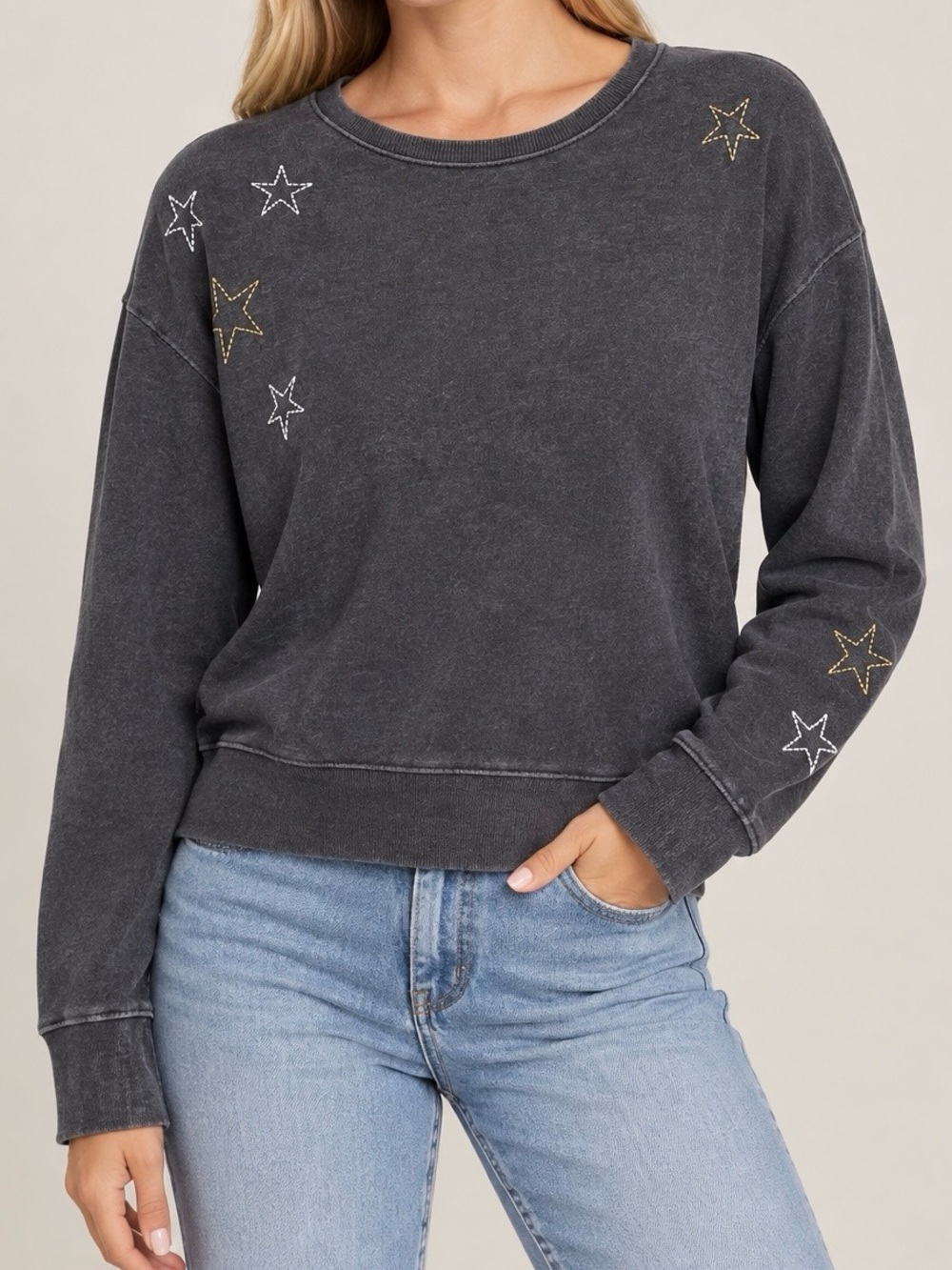 Pact Organic Cotton Embroidered Star Pullover Sweatshirt Celestial Sustainable S